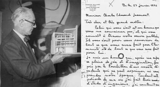 Le Corbusier en su estudio de la Rue de Sevres, en París, con la maqueta de la Casa Curutchet en abril de 1949. A la derecha, facsímil de la carta de presentación enviada por Amancio Willliams al arquitecto suizo-francés